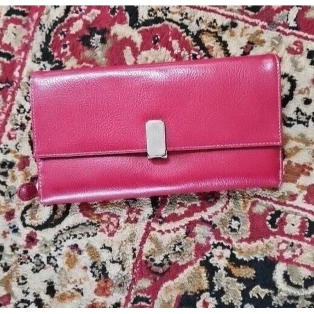 Vtg Liz Claiborne Burgundy Red 7.5" Zip Around Trifold Wallet Card Organizer Pkt
